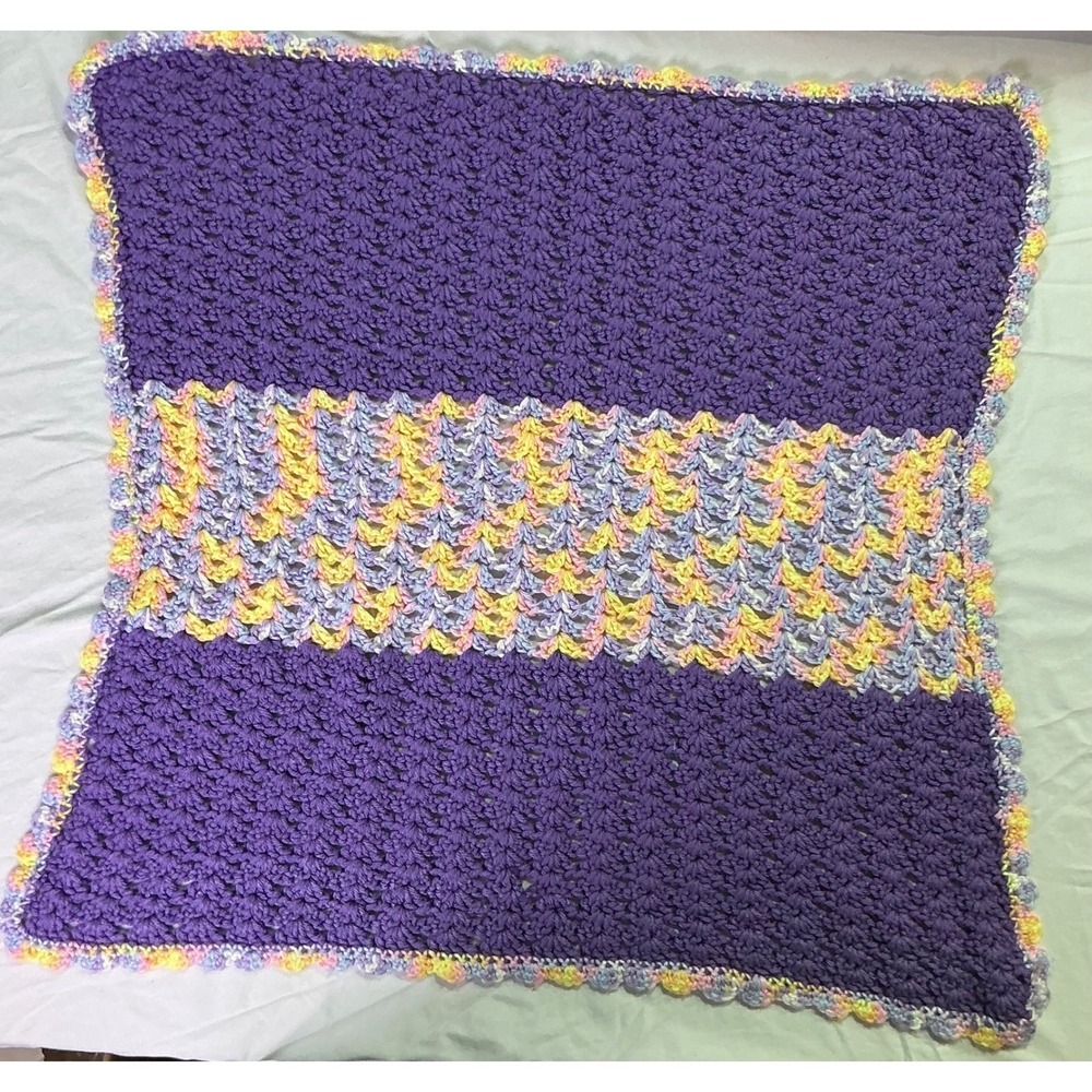 Vintage Handmade Crochet Baby Blanket Purple Pastel Throw 24x24 Cottagecore